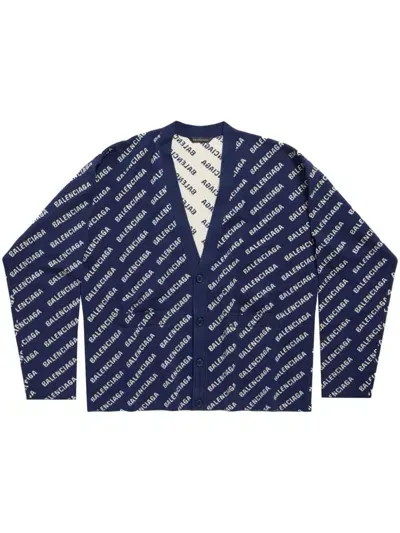 Balenciaga V-neck Logo-print Cardigan In Blue