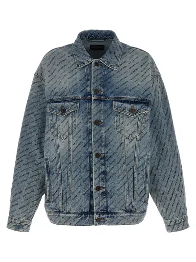 Balenciaga All Over Logo Denim Jacket Casual Jackets, Parka Light Blue