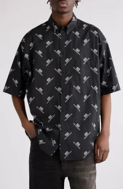 Balenciaga Bb Monogram Oversize Short Sleeve Cotton Button-down Shirt In 1070 Black/white