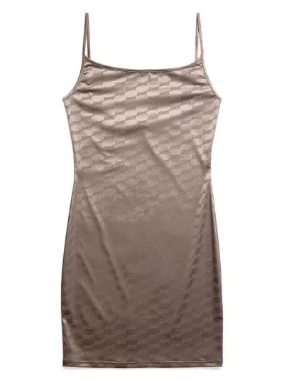 Balenciaga Logo-print Slip Dress In Dark Beige