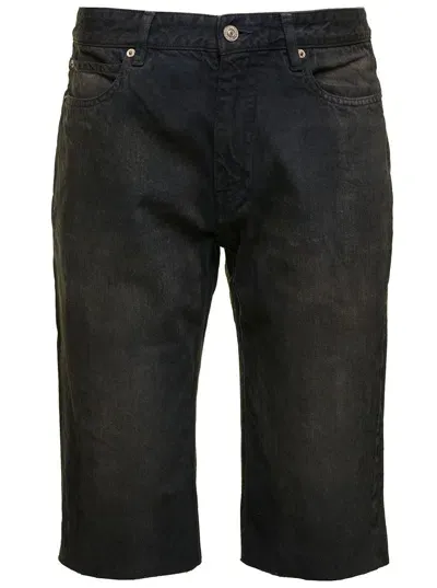 Balenciaga Black Bermuda Shorts With Washed-out Effect And Logo Patch In Cotton Denim Man