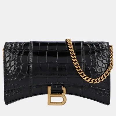 Pre-owned Balenciaga Black Croc Embossed Leather Hourglass Wallet On Chain