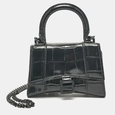 Pre-owned Balenciaga Black Croc Embossed Leather Mini Chain Hourglass Bag