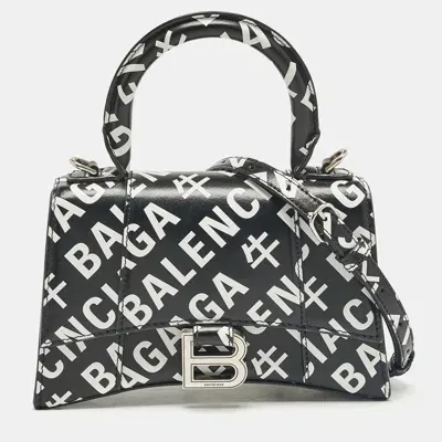 Pre-owned Balenciaga Black/white Leather Allover Logo Xs Hourglass Top Handle Bag