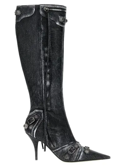 Balenciaga Le Cagole Denim Print Leather Boots In Black