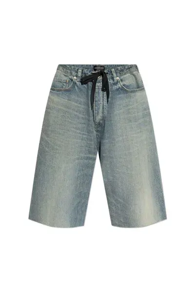 Balenciaga Drawstring Denim Bermuda Shorts In Blue