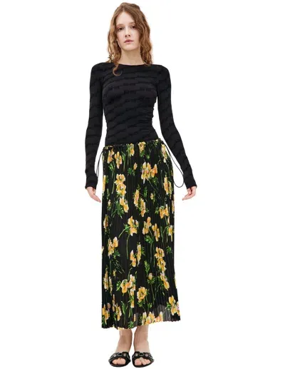 Balenciaga Pleated Floral Midi Skirt In Black