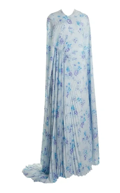 Balenciaga Floral Plisse Maxi Cape Dress In Blue