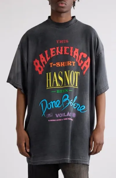 Balenciaga Gender Inclusive Oversize Distressed Logo Cotton T-shirt In Washed Out Black