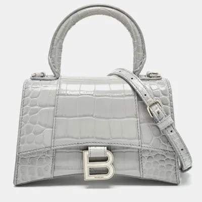 Pre-owned Balenciaga Grey Croc Embossed Leather Xs Hourglass Top Handle Bag