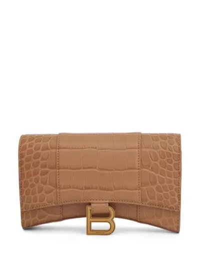 Balenciaga Hourglass Crocodile-embossed Wallet-on-chain In Brown