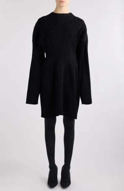 Balenciaga Hourglass Long Sleeve Rib Sweater Dress In Black