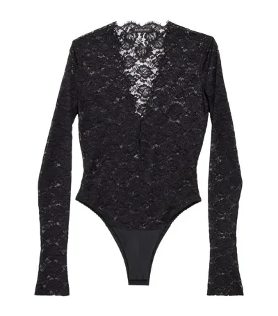 Balenciaga Nylon Blend Lace V-neck Bodysuit In Black