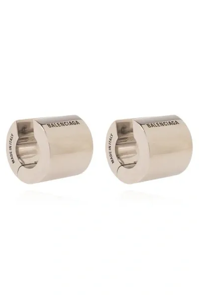 Balenciaga Logo Engraved Earrings In Silver