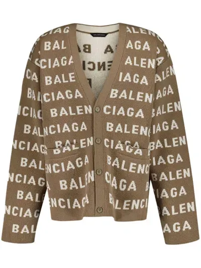 Balenciaga Logo-intarsia V-neck Cardigan In Neutrals