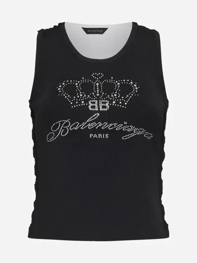 Balenciaga Logo  Rhinestone Embellished Tank Top In Black,white