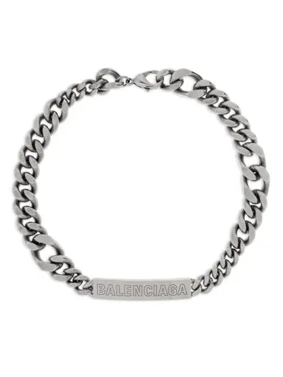 Balenciaga Logo Plaque Chain-link Necklace In Silver