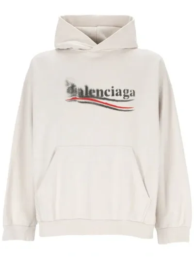 Balenciaga Logo Printed Hoodie In Ecru/black