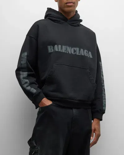 Balenciaga Men's Fleece Stencil Logo Hoodie In 1750 Faded Black/anthra