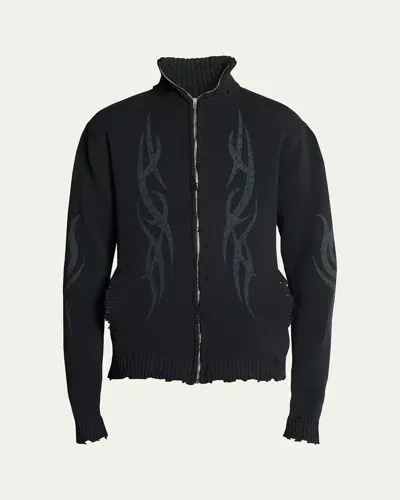 Balenciaga Oversized Distressed Printed Knitted Zip-up Cardigan In Noir