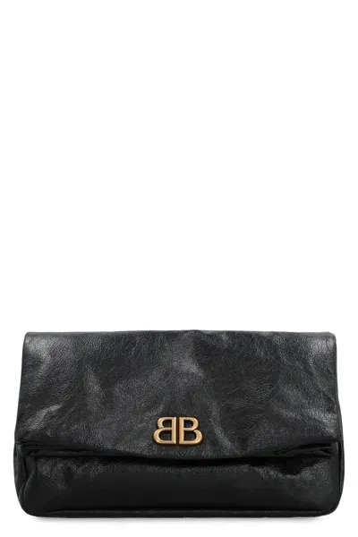 Balenciaga Monaco Leather Clutch In Black