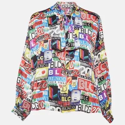 Pre-owned Balenciaga Multicolor News Channel Print Satin Blouse S