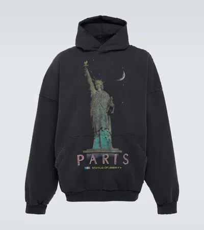 Balenciaga Paris Liberty Distressed Fleece Hoodie In Black