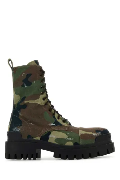 Balenciaga Printed Canvas Strike Ankle Boots In Green