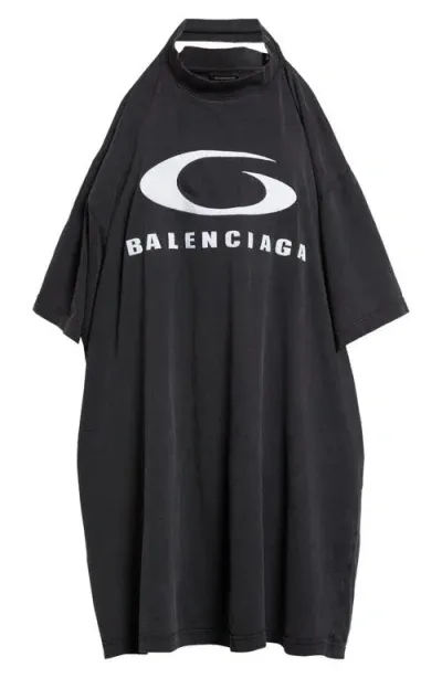 Balenciaga Icon Print Pulled Cotton T-shirt Dress In Washed Black