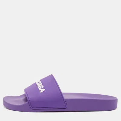 Pre-owned Balenciaga Purple/white Rubber Logo Pool Slides Size 40