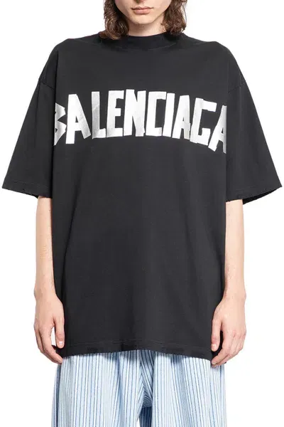 Balenciaga Distressed Tape Logo Cotton T-shirt In Black