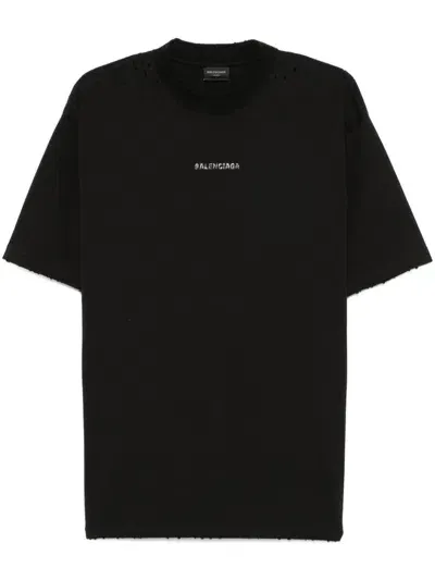 Balenciaga Short Sleeves Cotton Jersey Top With Rhinestone Logo In Black