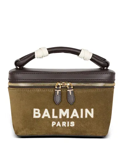 Balmain B-army Logo Suede & Leather Vanity Case In Green