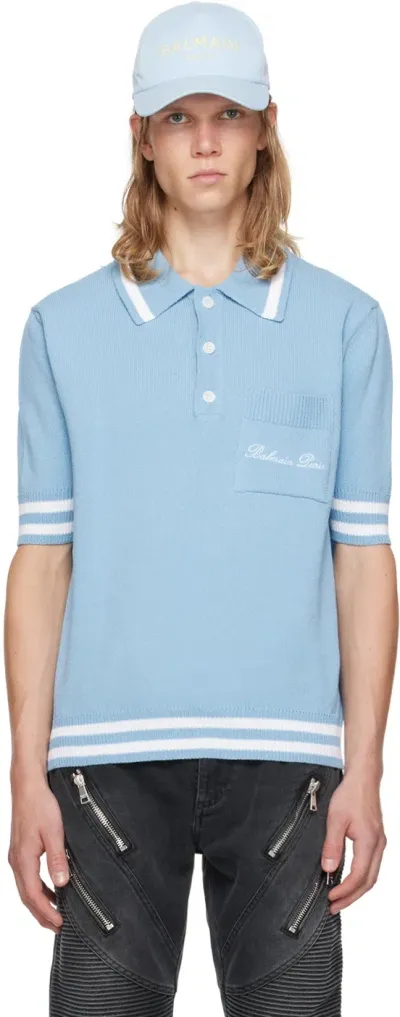 Balmain Blue Signature Embroidery Polo In Slj Bleu Pale/blanc