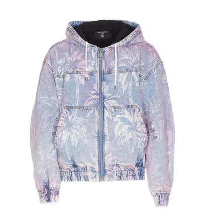 Balmain Printed Denim Bomber Jacket In Azul