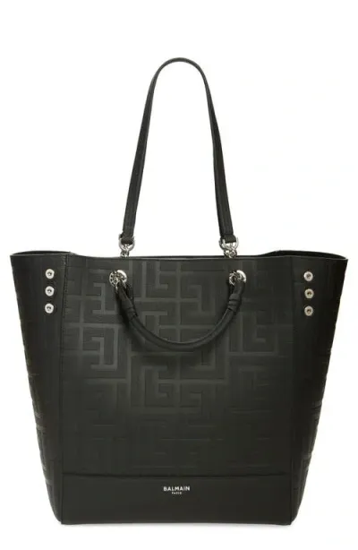 Balmain Cabas Monogram Grained Leather Tote In Black