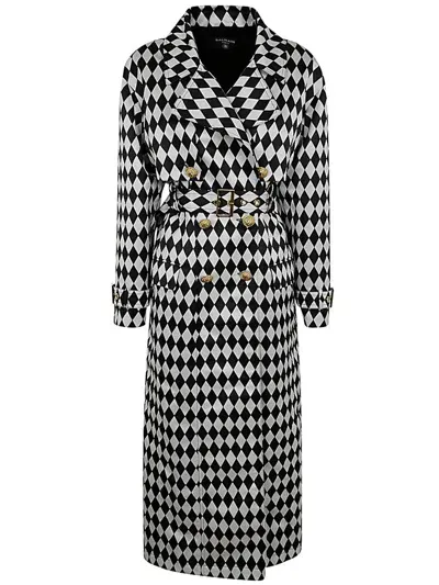 Balmain Diamond Print Belted Trench Coat In White