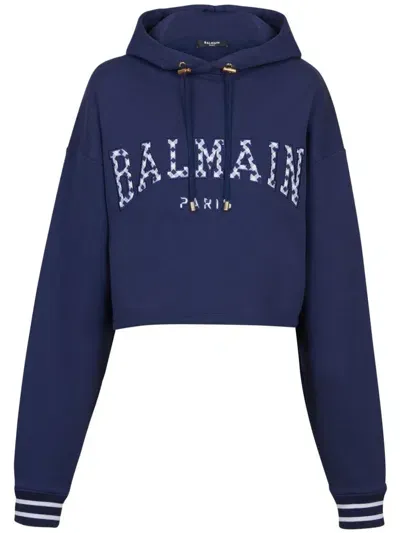 Balmain Gingham Paris Hoodie In Navy