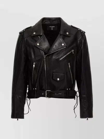 Balmain Leather Biker Jacket Casual Jackets, Parka Black