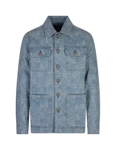 Balmain Logo Monogram Denim Jacket In Blue