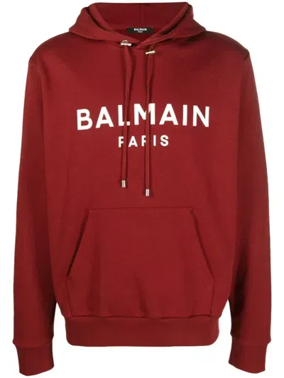 Balmain Logo-print Drawstring Cotton Hoodie In Bordeaux