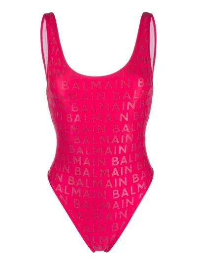 Balmain Logo-print Scoop-neck Swimsuit In Pink