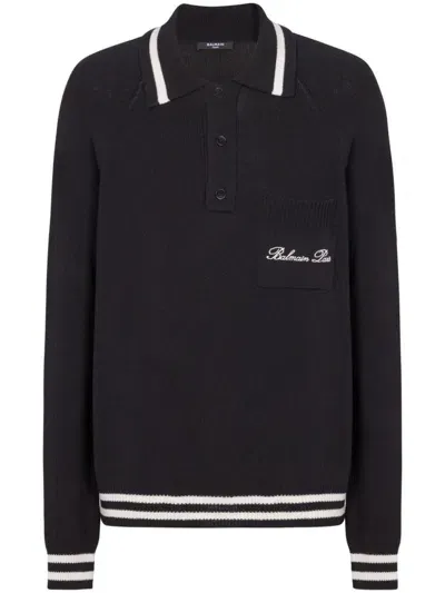 Balmain Long Sleeve Signature Wool Polo For Men In Noirnatur