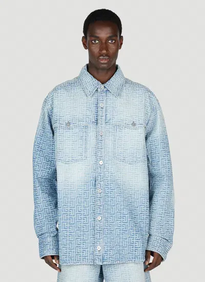 Balmain Monogram Denim Shirt In Light Blue