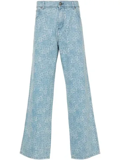 Balmain Monogram-jacquard Jeans In Azul