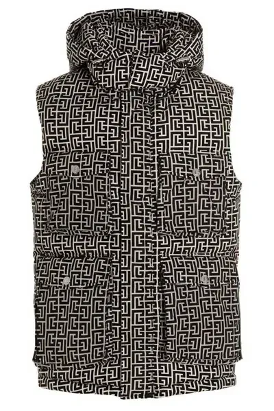 Balmain Monogram Pattern Padded Vest In Black