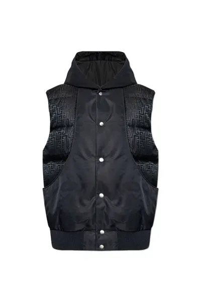 Balmain Monogram Printed Hooded Vest In Navy Blue