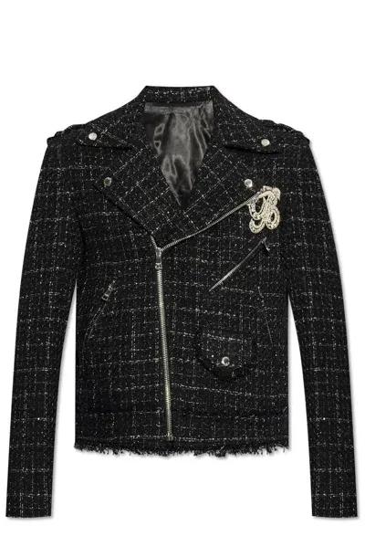 Balmain Pb Signature Tweed Biker Jacket In Black