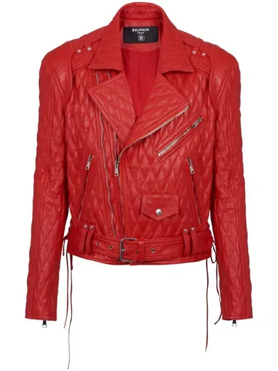 Balmain Quilted Leather Biker Jacket In Red