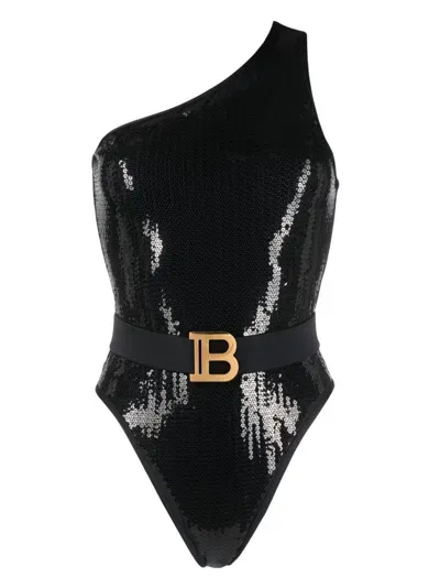 Balmain Sequined One-shoulder Swimsuit In Black